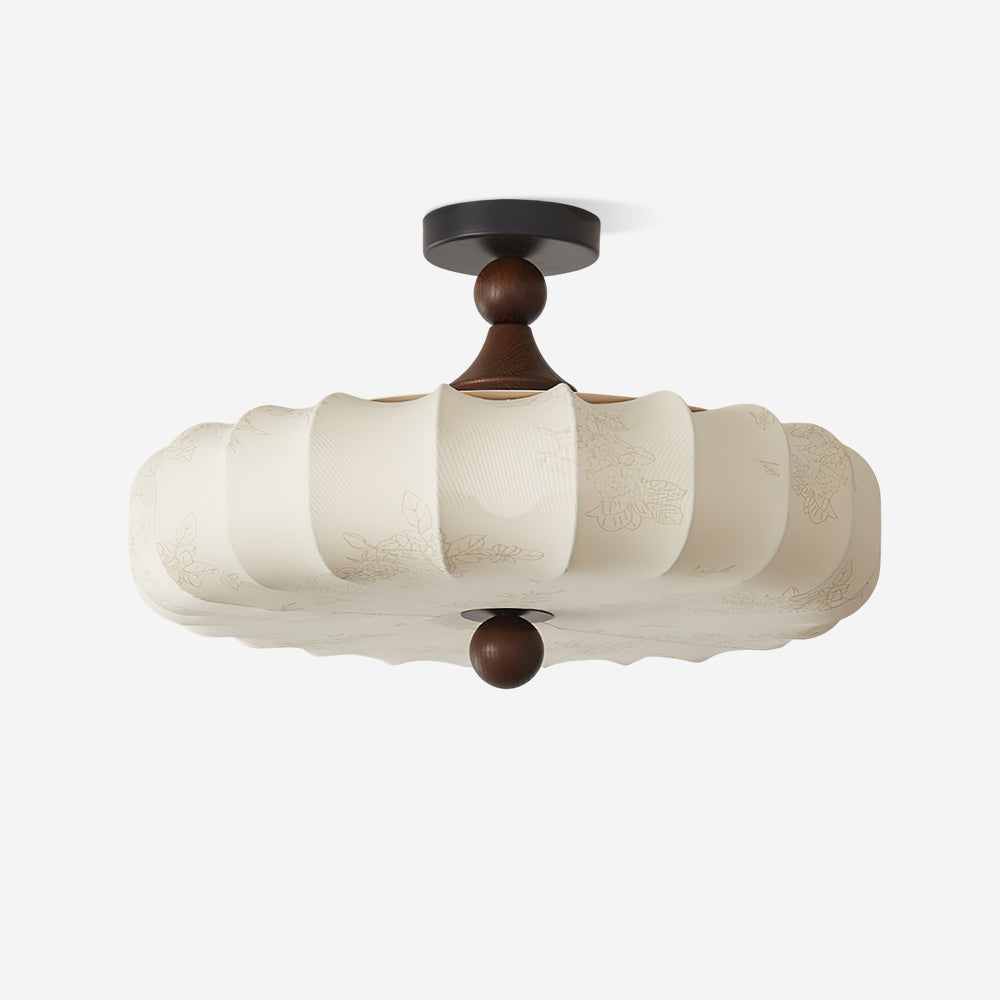 Rosa | Flush Mount LED Ceiling Light with Floral Fabric Shade, Walnut Canopy for Bedroom