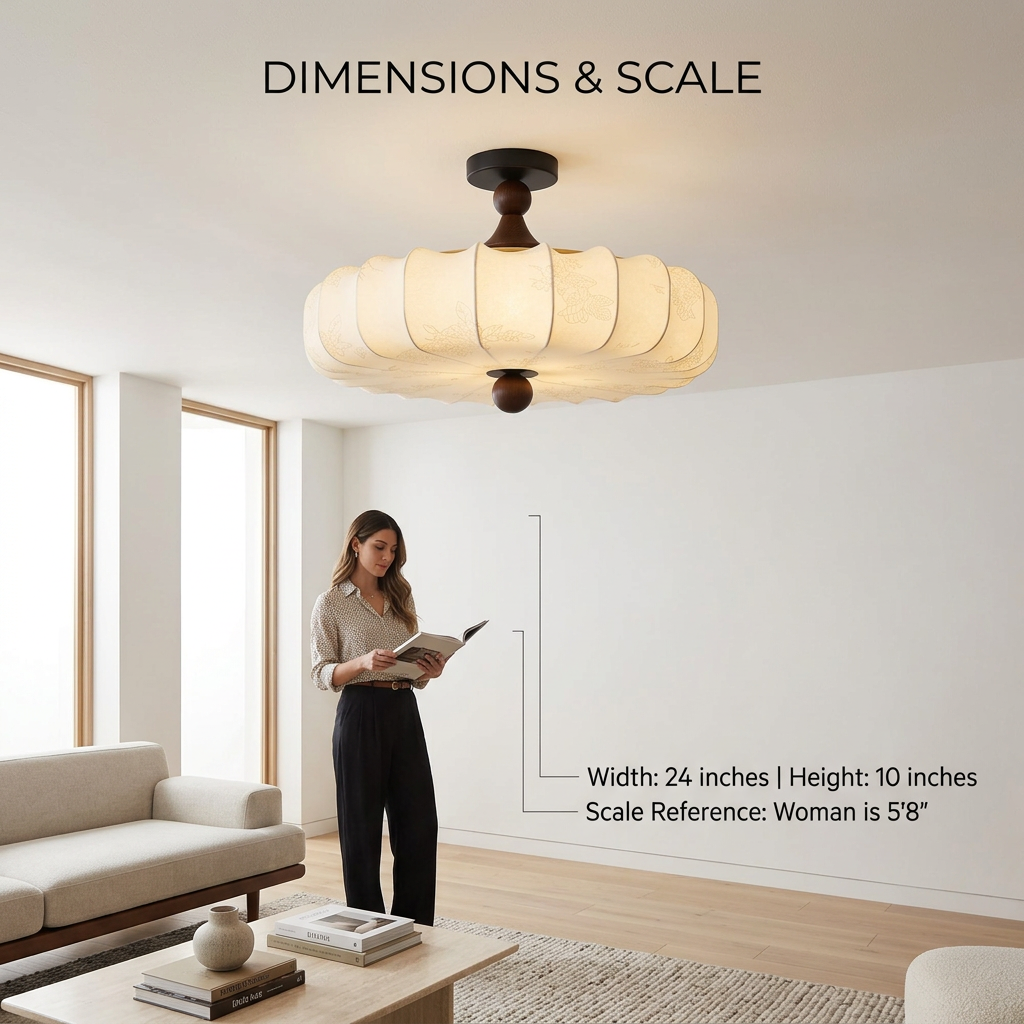 Rosa | Flush Mount LED Ceiling Light with Floral Fabric Shade, Walnut Canopy for Bedroom
