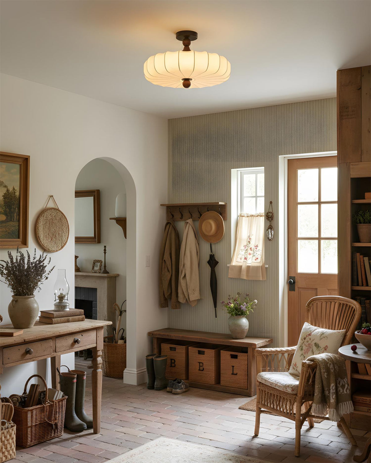 Rosa | Flush Mount LED Ceiling Light with Floral Fabric Shade, Walnut Canopy for Bedroom