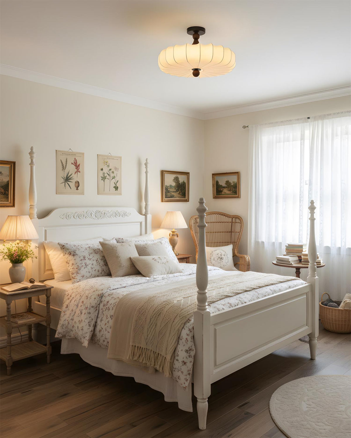 Rosa | Flush Mount LED Ceiling Light with Floral Fabric Shade, Walnut Canopy for Bedroom
