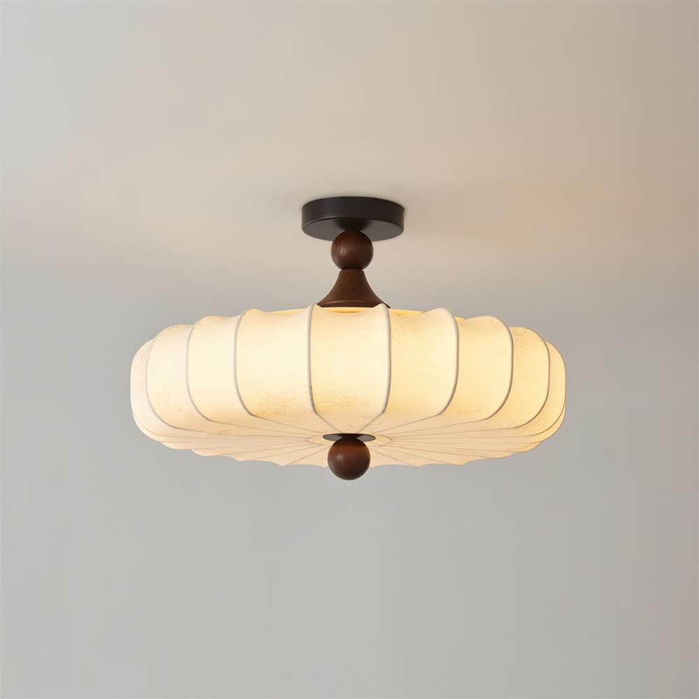 Rosa | Flush Mount LED Ceiling Light with Floral Fabric Shade, Walnut Canopy for Bedroom