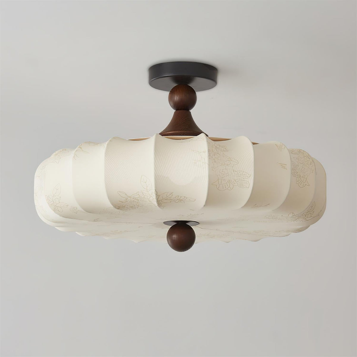 Rosa | Flush Mount LED Ceiling Light with Floral Fabric Shade, Walnut Canopy for Bedroom