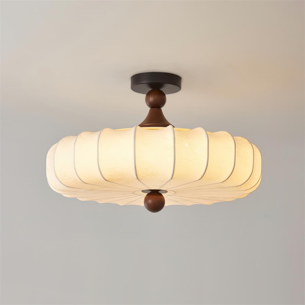 Rosa | Flush Mount LED Ceiling Light with Floral Fabric Shade, Walnut Canopy for Bedroom