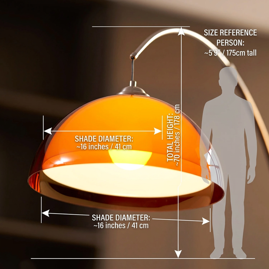 Arcova | Arc Floor Lamp with Amber Dome Shade | Adjustable Height Lamp for Reading Nooks