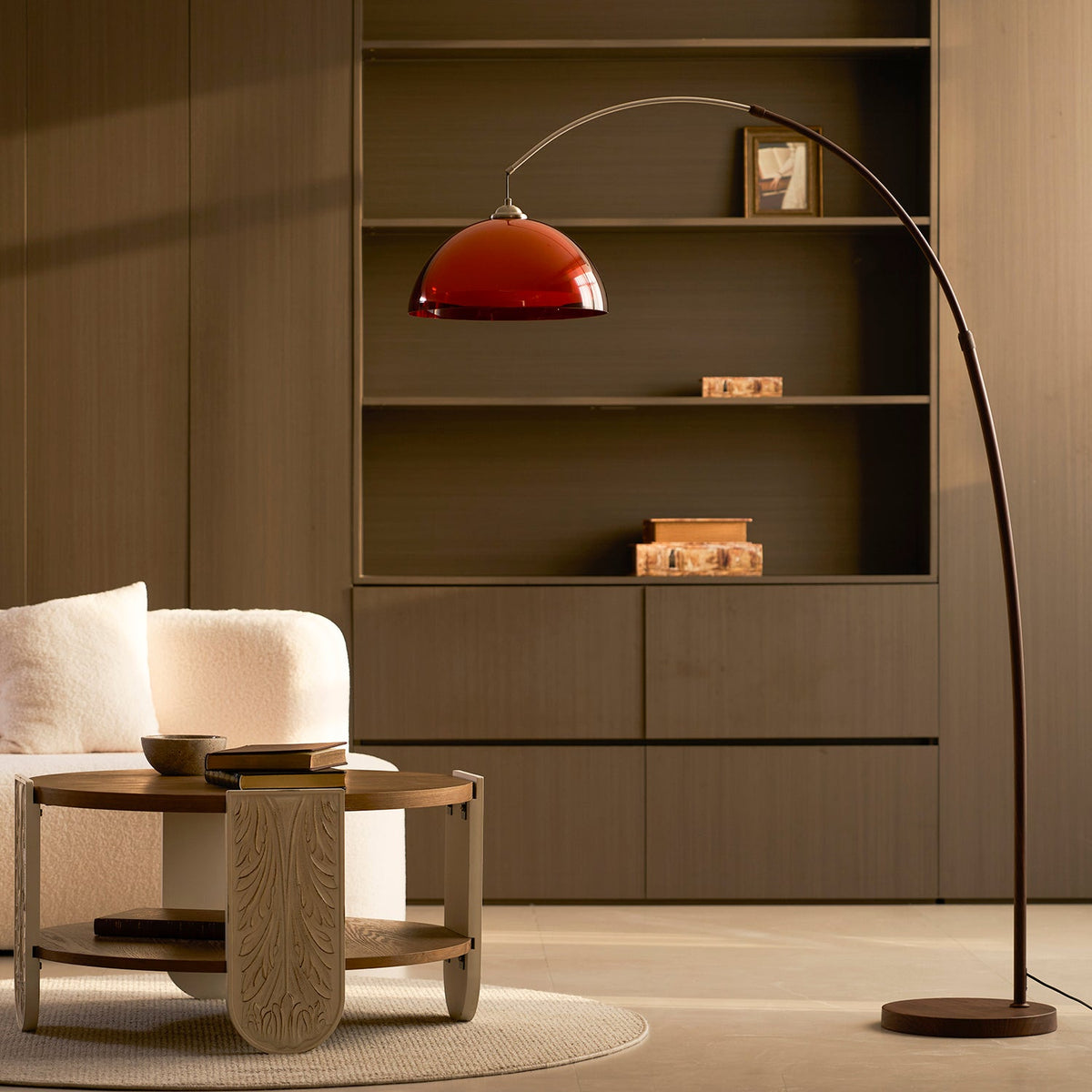 Arcova | Arc Floor Lamp with Amber Dome Shade | Adjustable Height Lamp for Reading Nooks