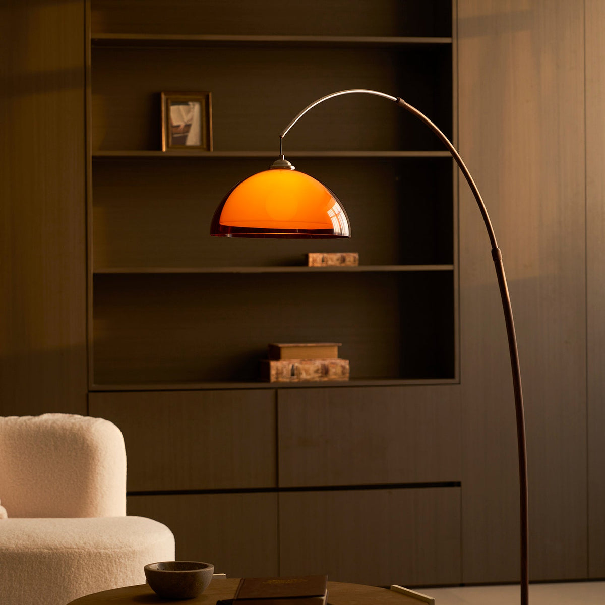 Arcova | Arc Floor Lamp with Amber Dome Shade | Adjustable Height Lamp for Reading Nooks