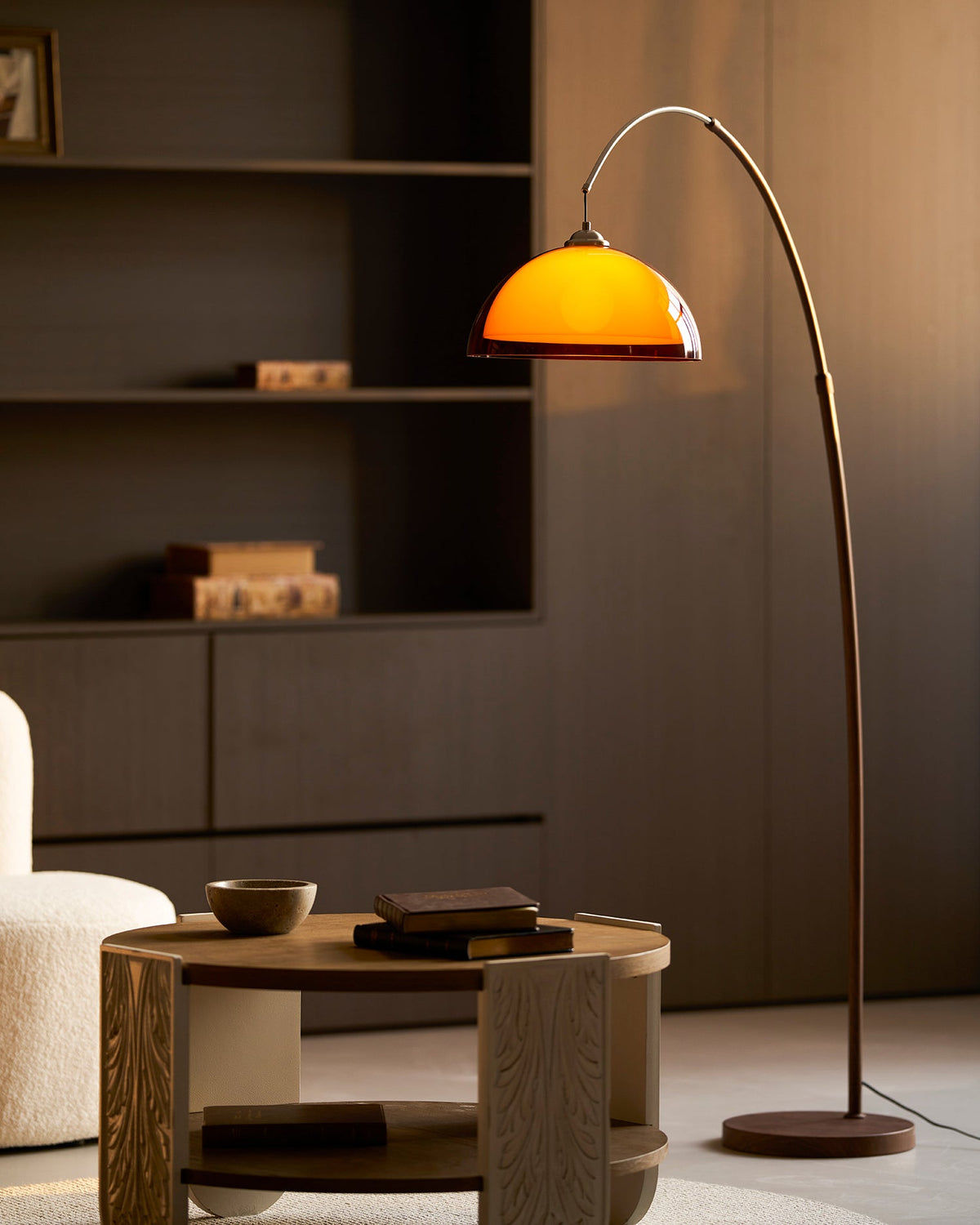 Arcova | Arc Floor Lamp with Amber Dome Shade | Adjustable Height Lamp for Reading Nooks