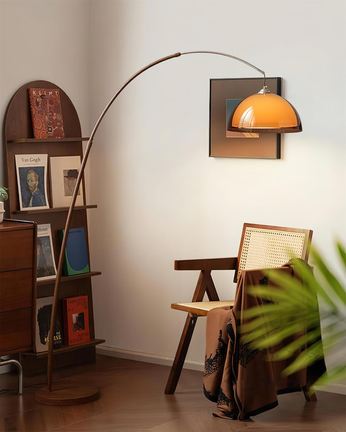 Arcova | Arc Floor Lamp with Amber Dome Shade | Adjustable Height Lamp for Reading Nooks