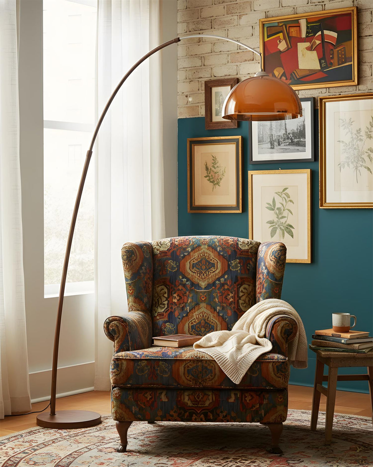 Arcova | Arc Floor Lamp with Amber Dome Shade | Adjustable Height Lamp for Reading Nooks