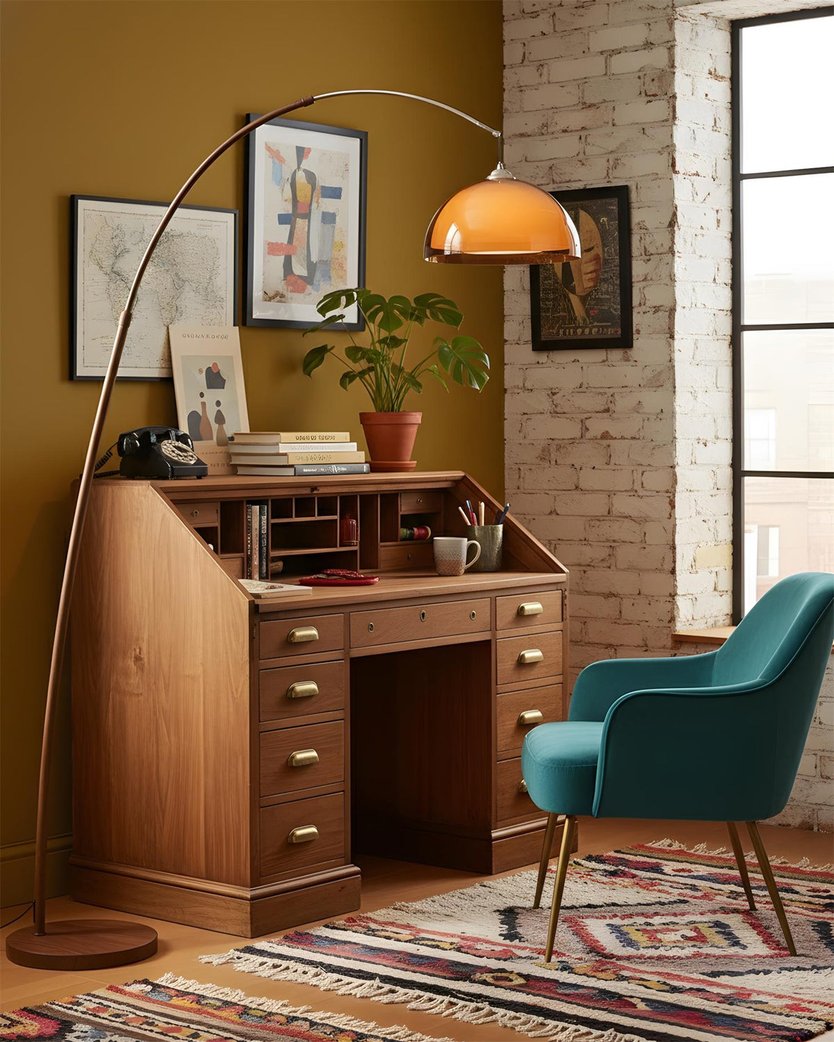 Arcova | Arc Floor Lamp with Amber Dome Shade | Adjustable Height Lamp for Reading Nooks