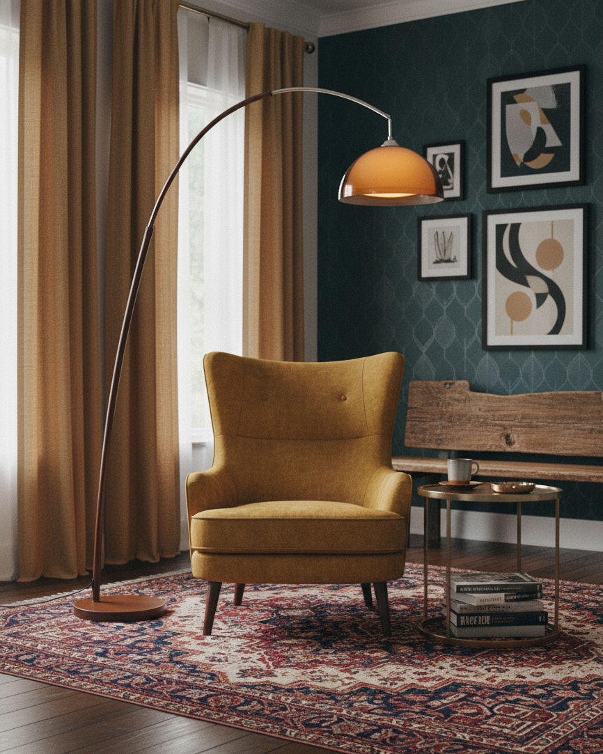 Arcova | Arc Floor Lamp with Amber Dome Shade | Adjustable Height Lamp for Reading Nooks