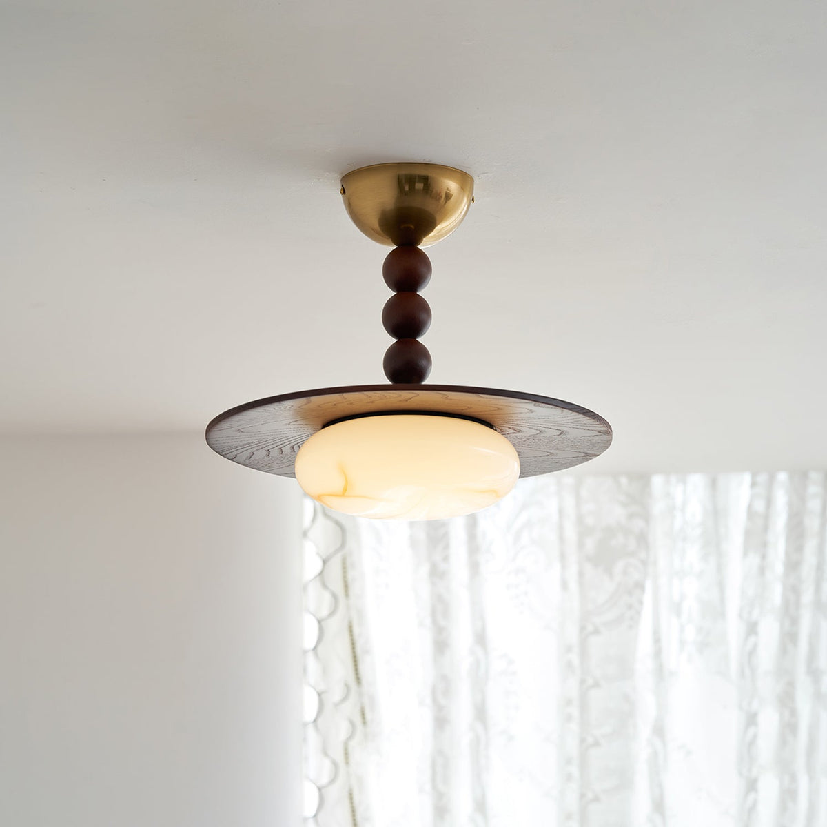 Woodlume | Walnut Flush Mount Ceiling Light with Alabaster Shade | Warm LED for Bedrooms