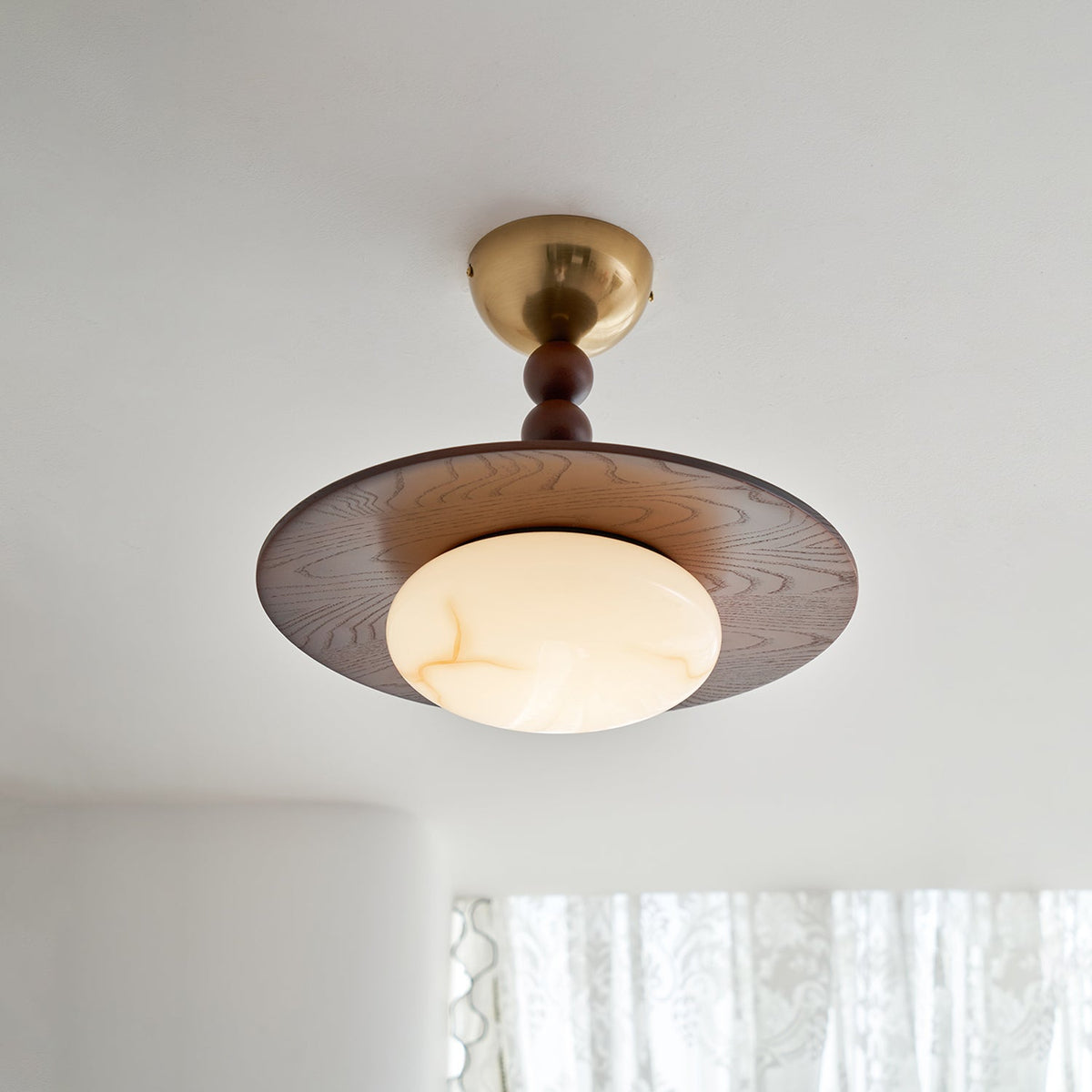 Woodlume | Walnut Flush Mount Ceiling Light with Alabaster Shade | Warm LED for Bedrooms