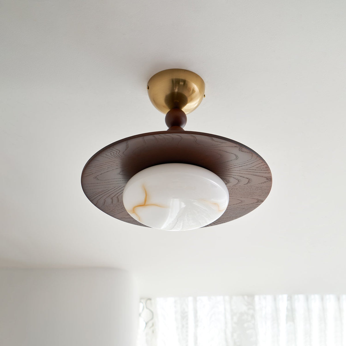 Woodlume | Walnut Flush Mount Ceiling Light with Alabaster Shade | Warm LED for Bedrooms
