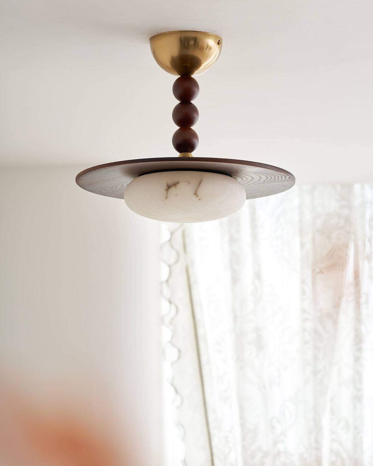 Woodlume | Walnut Flush Mount Ceiling Light with Alabaster Shade | Warm LED for Bedrooms
