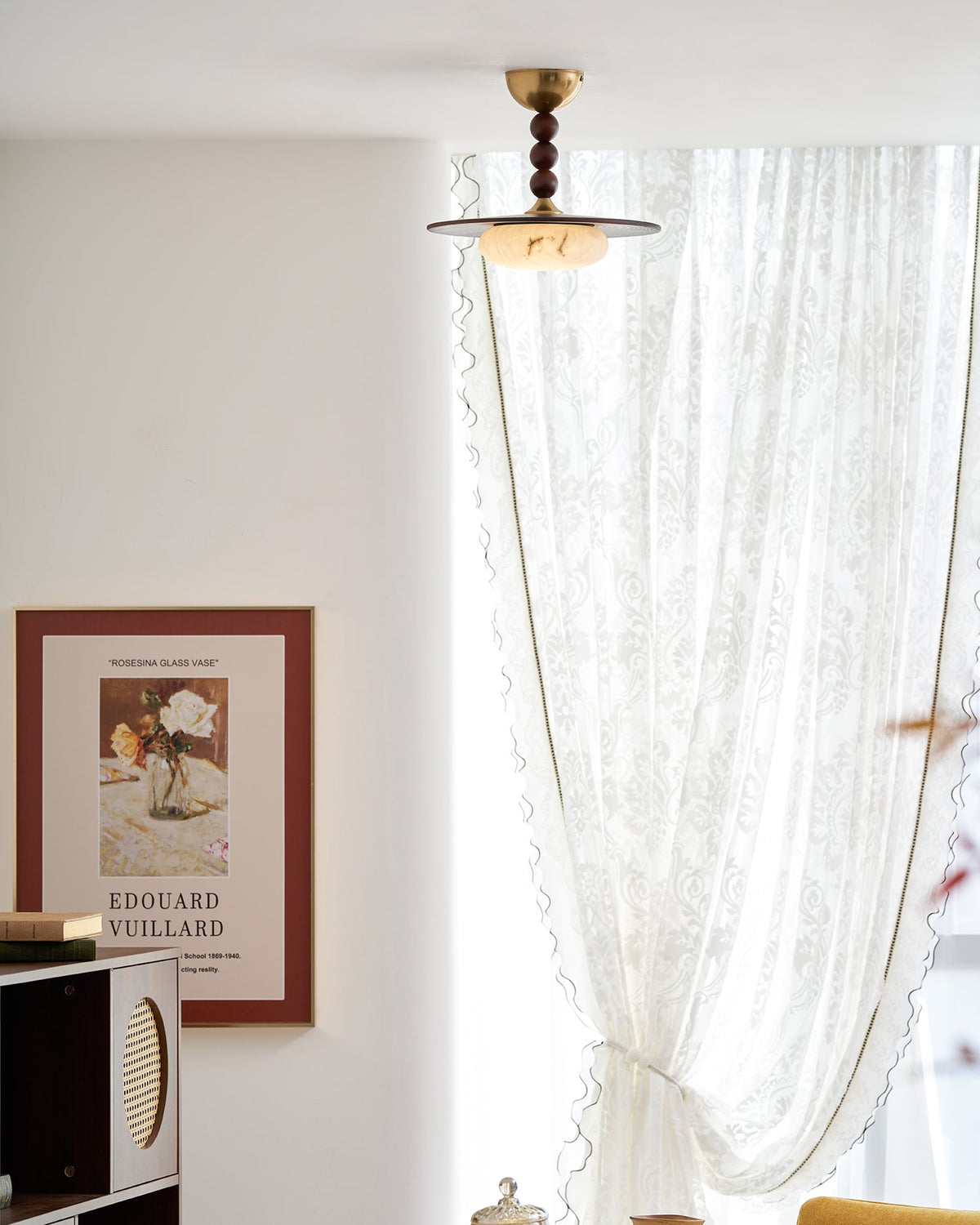 Woodlume | Walnut Flush Mount Ceiling Light with Alabaster Shade | Warm LED for Bedrooms