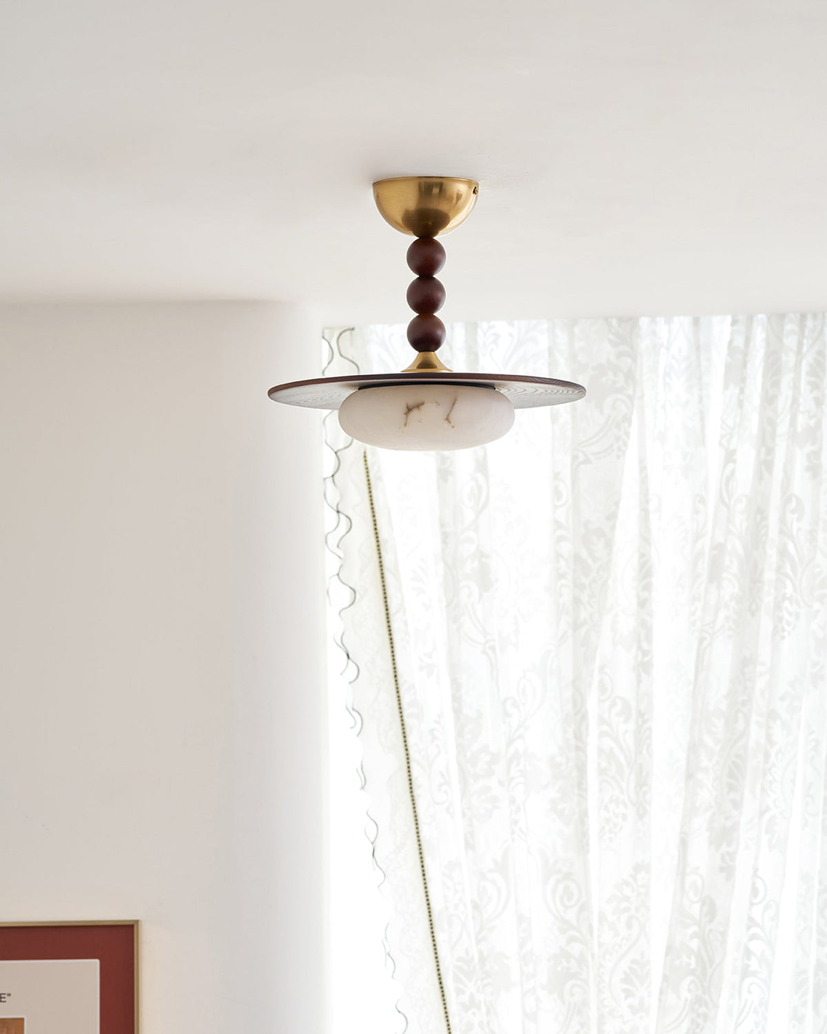 Woodlume | Walnut Flush Mount Ceiling Light with Alabaster Shade | Warm LED for Bedrooms