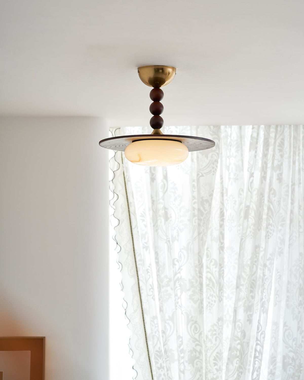 Woodlume | Walnut Flush Mount Ceiling Light with Alabaster Shade | Warm LED for Bedrooms