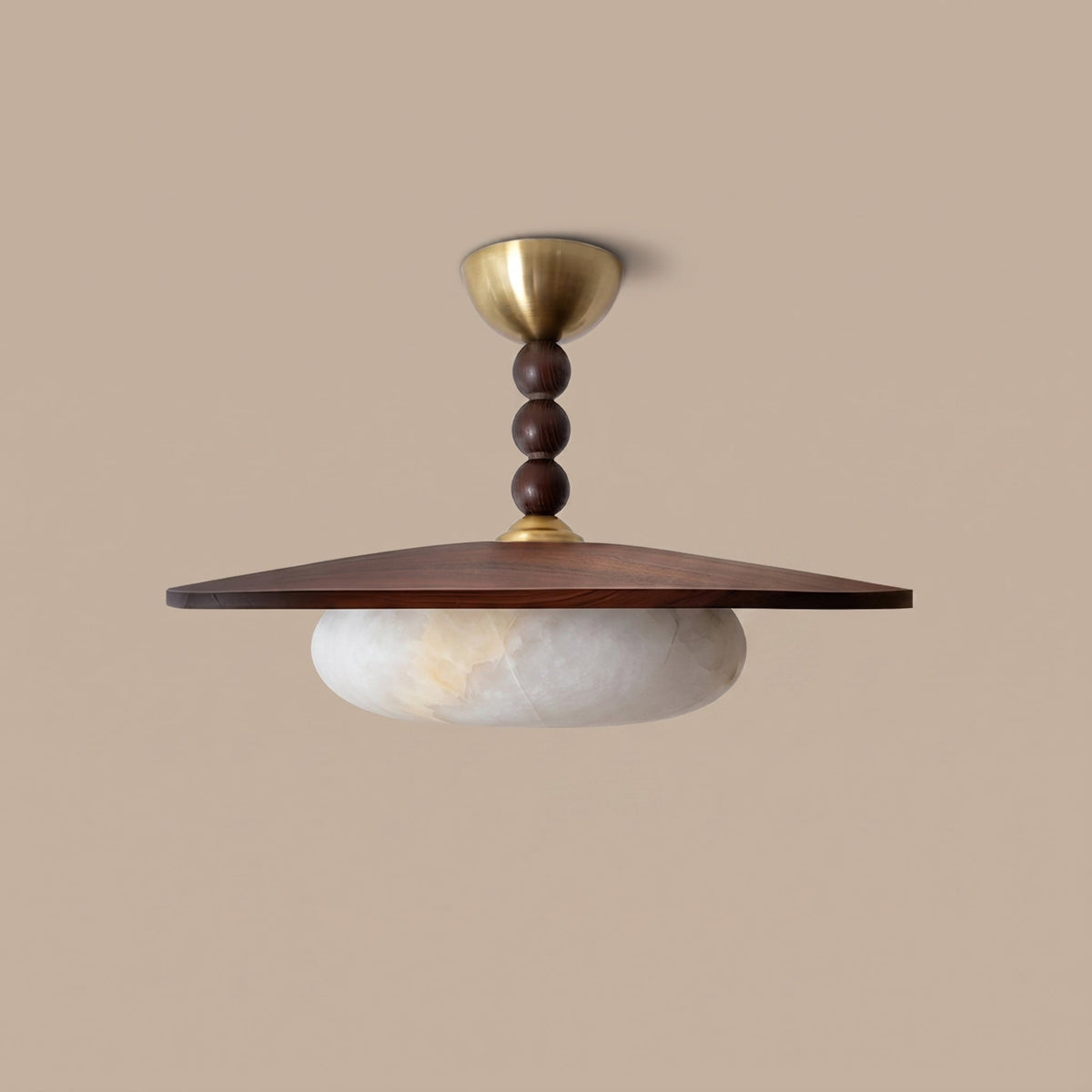 Woodlume | Walnut Flush Mount Ceiling Light with Alabaster Shade | Warm LED for Bedrooms