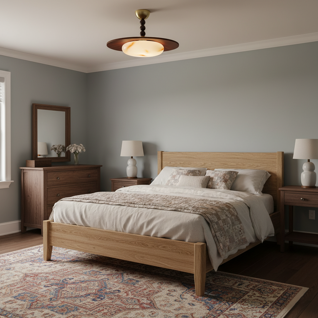 Woodlume | Walnut Flush Mount Ceiling Light with Alabaster Shade | Warm LED for Bedrooms