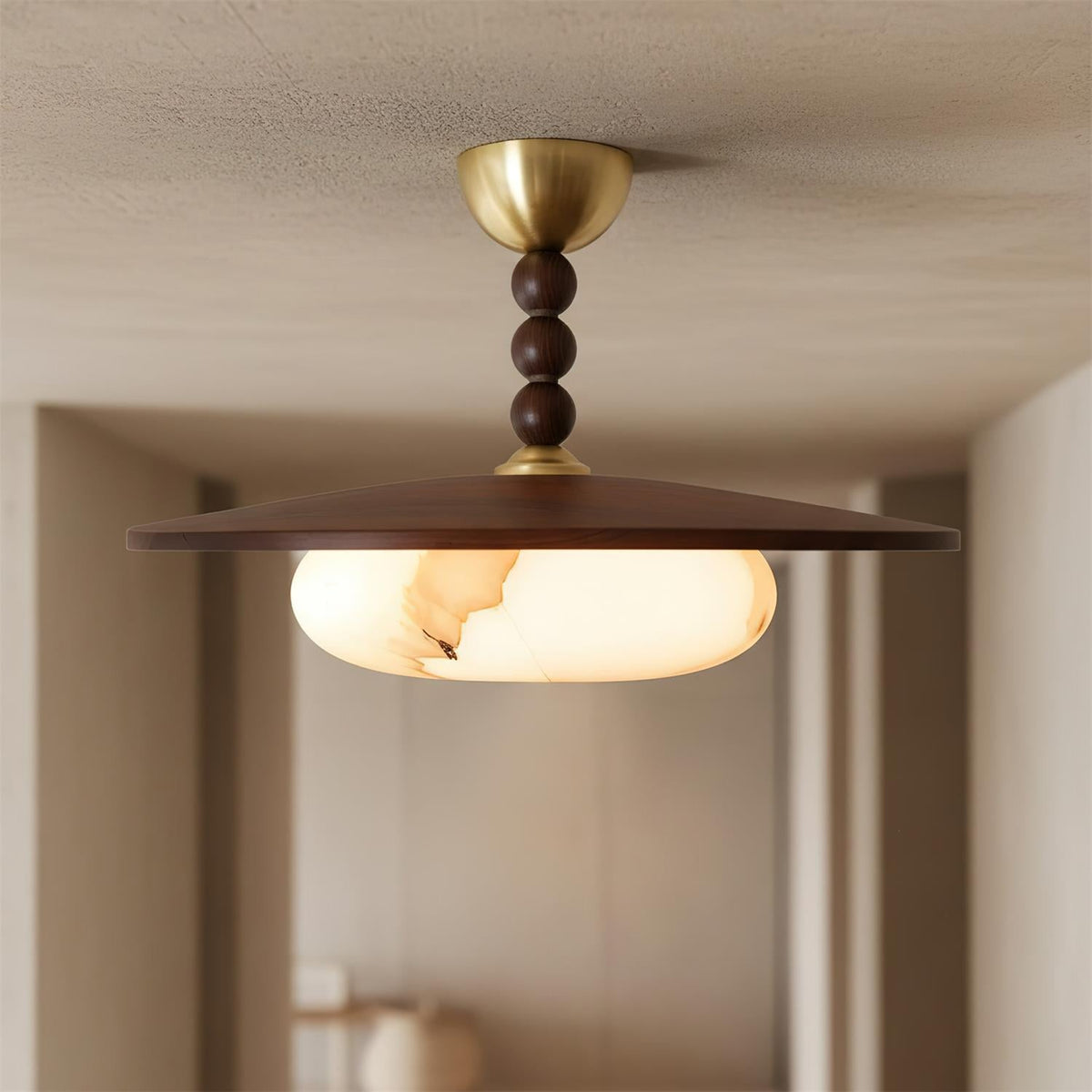 Woodlume | Walnut Flush Mount Ceiling Light with Alabaster Shade | Warm LED for Bedrooms