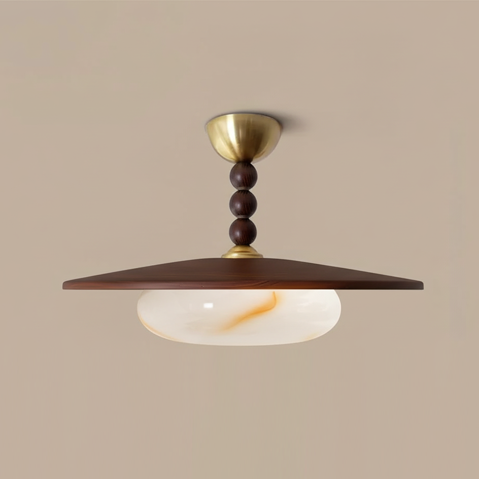 Woodlume | Walnut Flush Mount Ceiling Light with Alabaster Shade | Warm LED for Bedrooms