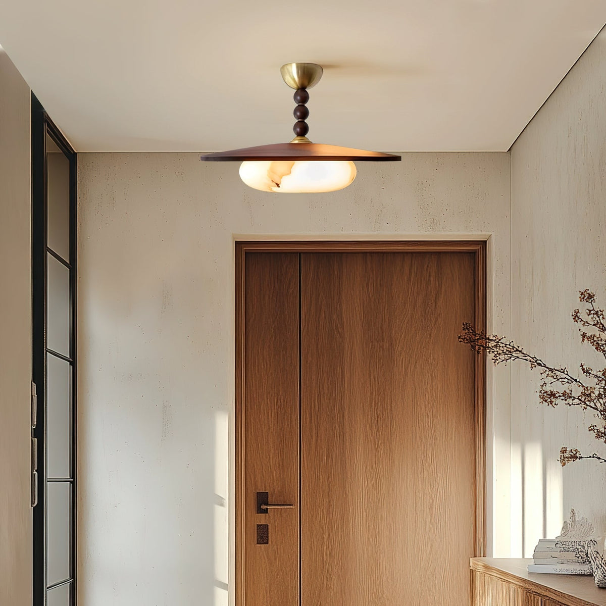 Woodlume | Walnut Flush Mount Ceiling Light with Alabaster Shade | Warm LED for Bedrooms