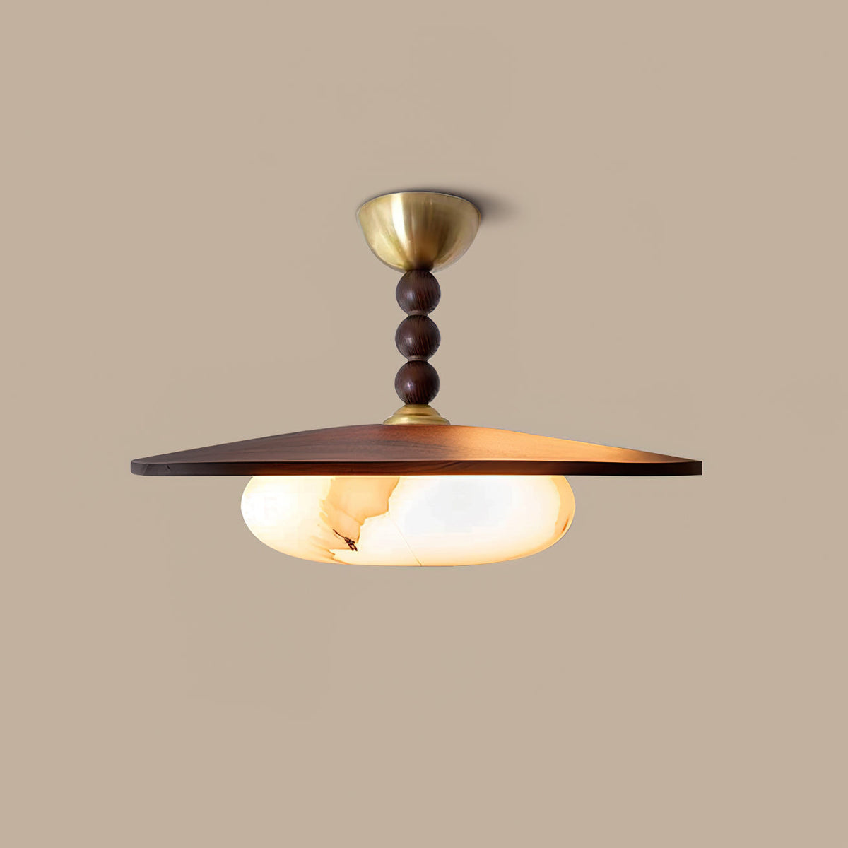 Woodlume | Walnut Flush Mount Ceiling Light with Alabaster Shade | Warm LED for Bedrooms