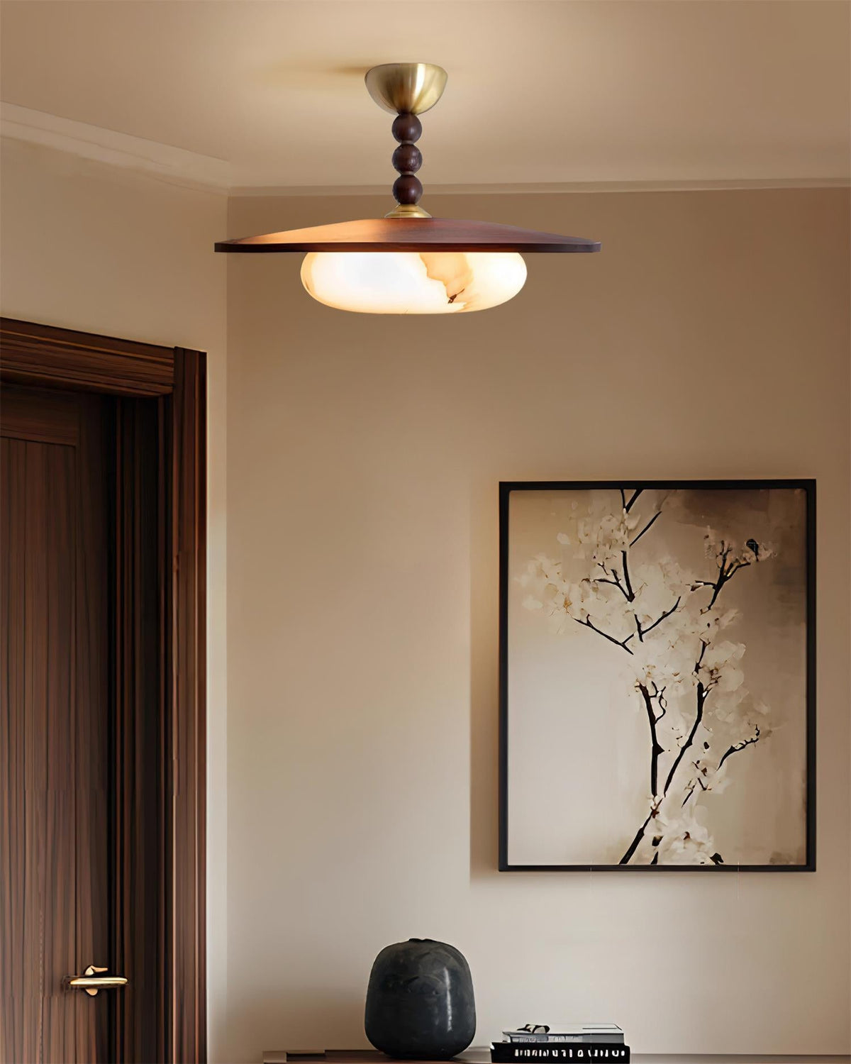 Woodlume | Walnut Flush Mount Ceiling Light with Alabaster Shade | Warm LED for Bedrooms