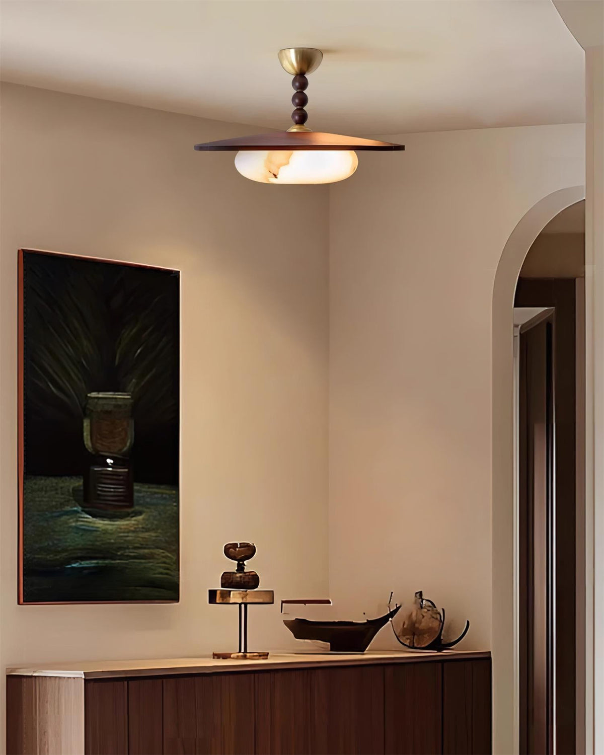Woodlume | Walnut Flush Mount Ceiling Light with Alabaster Shade | Warm LED for Bedrooms