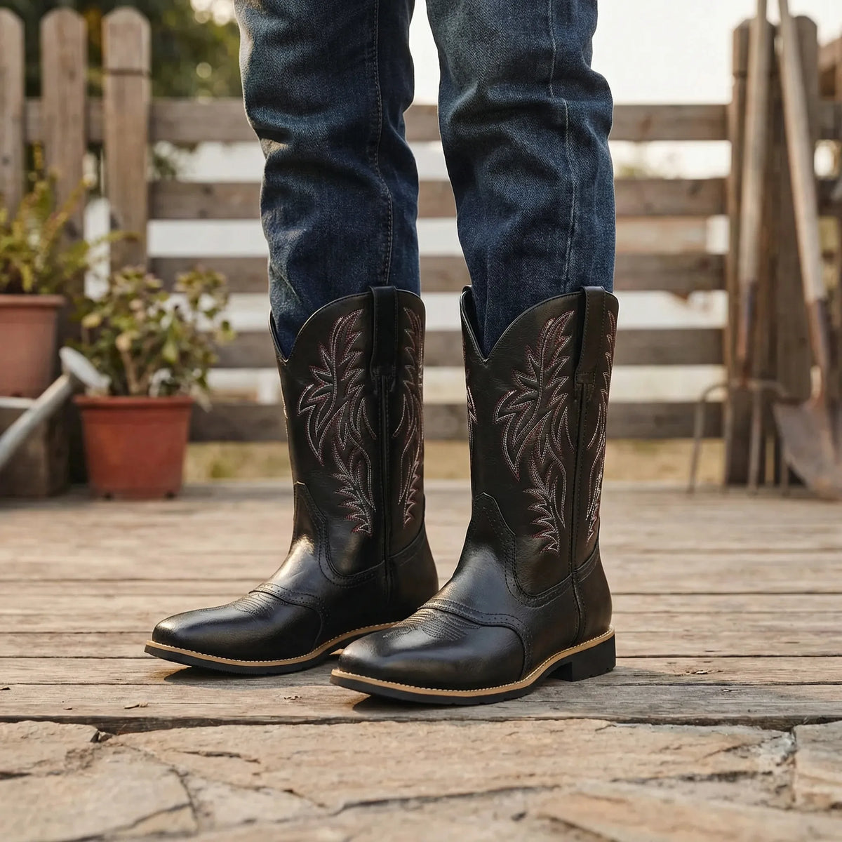 Calf-Length Cowboy Style Boots with Stacked Heel | Western Boots for Men