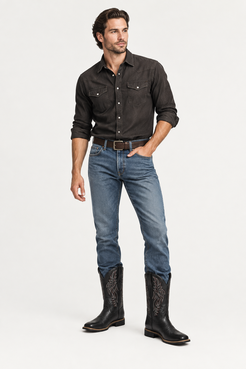 Calf-Length Cowboy Style Boots with Stacked Heel | Western Boots for Men