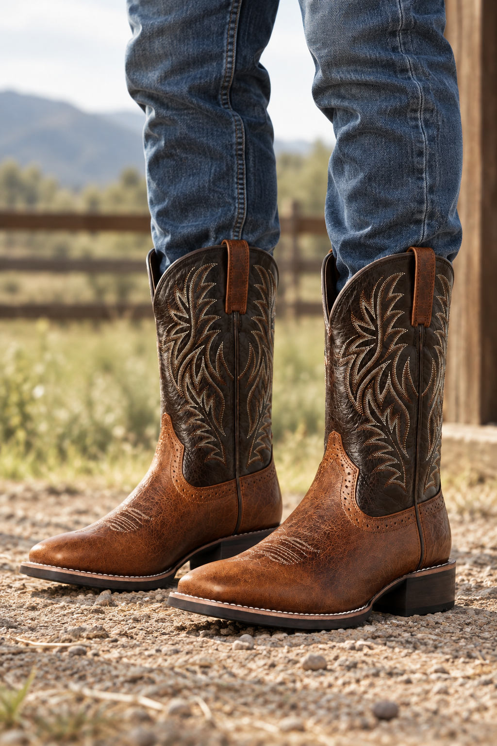 Calf-Length Cowboy Style Boots with Stacked Heel | Western Boots for Men