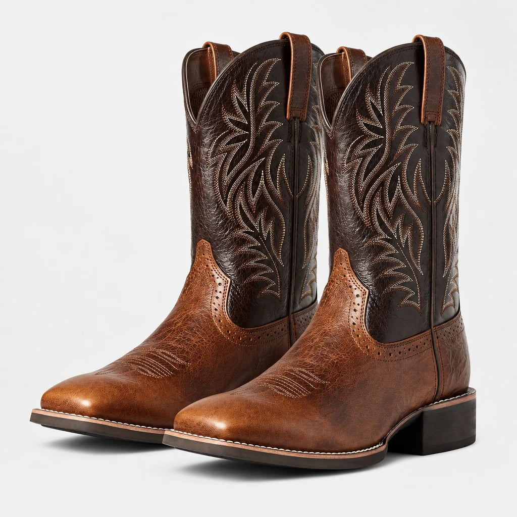 Calf-Length Cowboy Style Boots with Stacked Heel | Western Boots for Men
