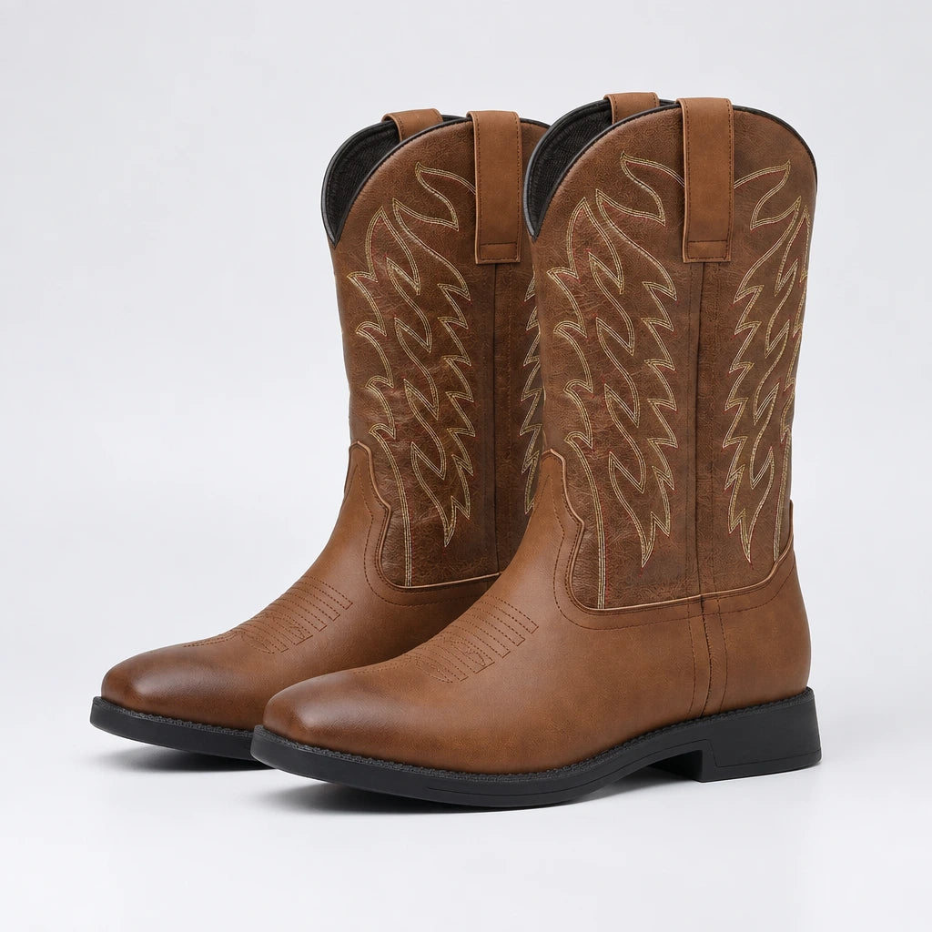Calf-Length Cowboy Style Boots with Stacked Heel | Western Boots for Men