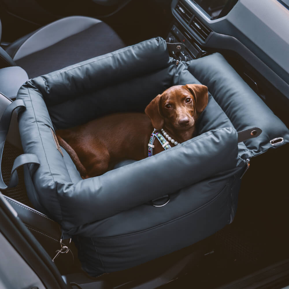 Rover | Faux Leather Dog Car Seat with Safety Belt, Plush Booster Bed for Long Car Trips