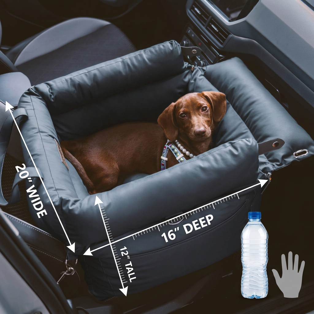 Rover | Faux Leather Dog Car Seat with Safety Belt, Plush Booster Bed for Long Car Trips