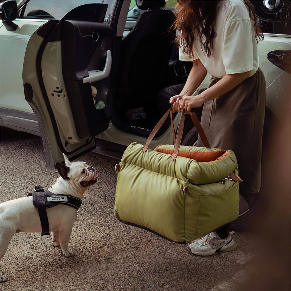 Rover | Faux Leather Dog Car Seat with Safety Belt, Plush Booster Bed for Long Car Trips