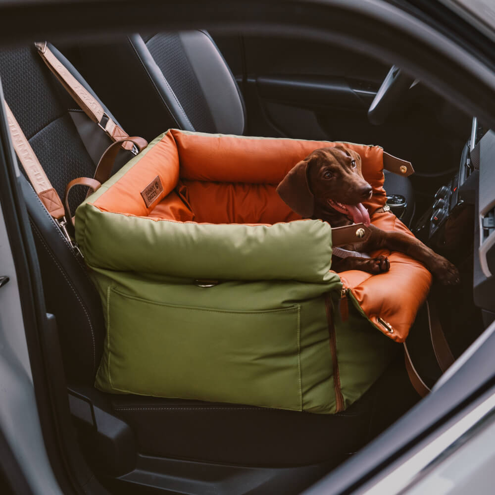 Rover | Faux Leather Dog Car Seat with Safety Belt, Plush Booster Bed for Long Car Trips
