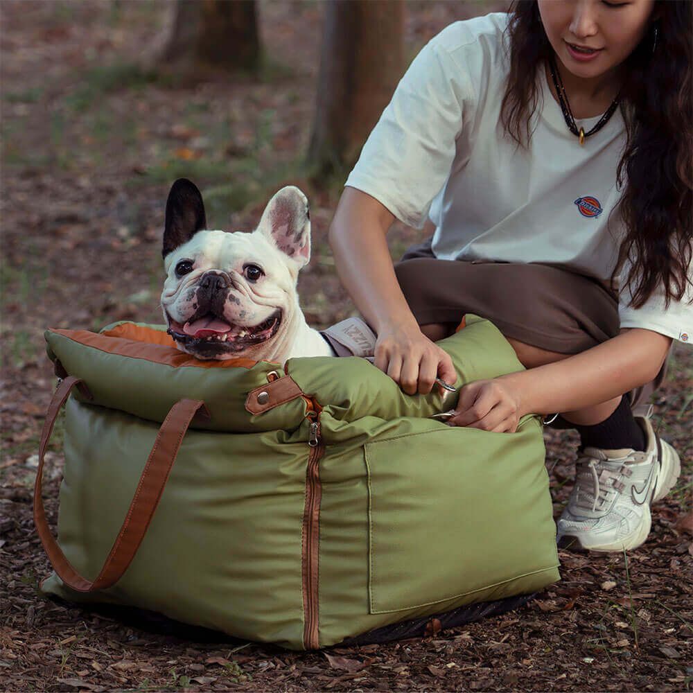 Rover | Faux Leather Dog Car Seat with Safety Belt, Plush Booster Bed for Long Car Trips