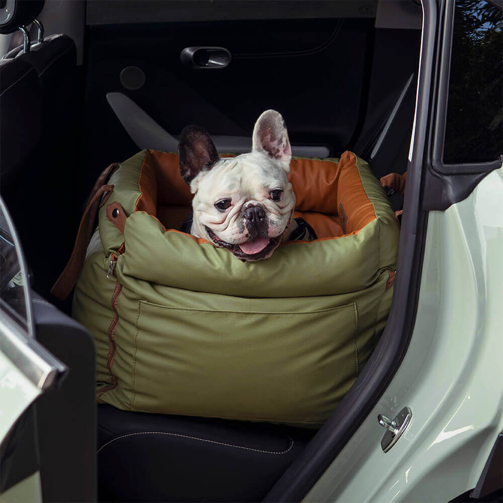 Rover | Faux Leather Dog Car Seat with Safety Belt, Plush Booster Bed for Long Car Trips