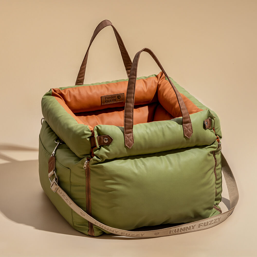 Rover | Faux Leather Dog Car Seat with Safety Belt, Plush Booster Bed for Long Car Trips