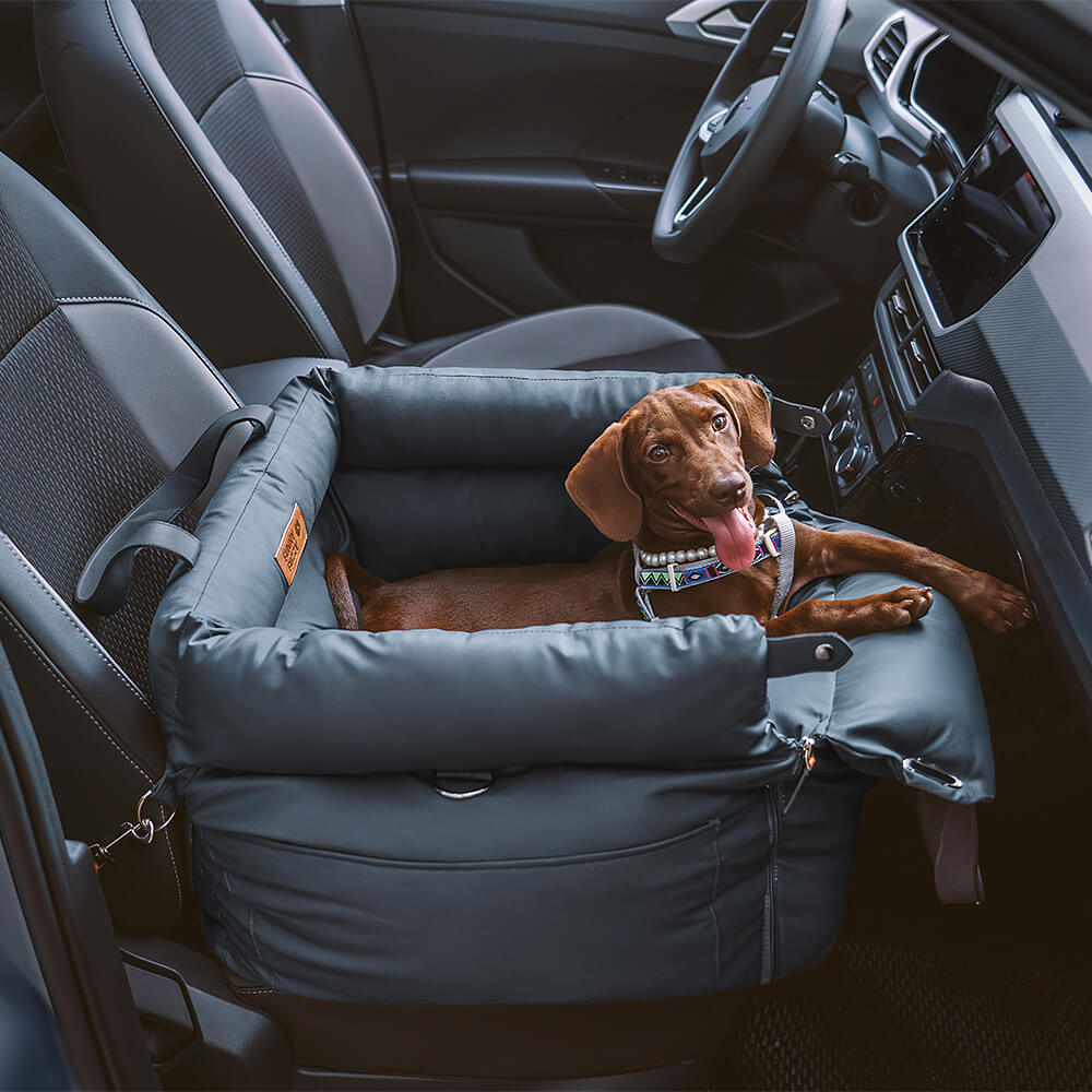 Rover | Faux Leather Dog Car Seat with Safety Belt, Plush Booster Bed for Long Car Trips