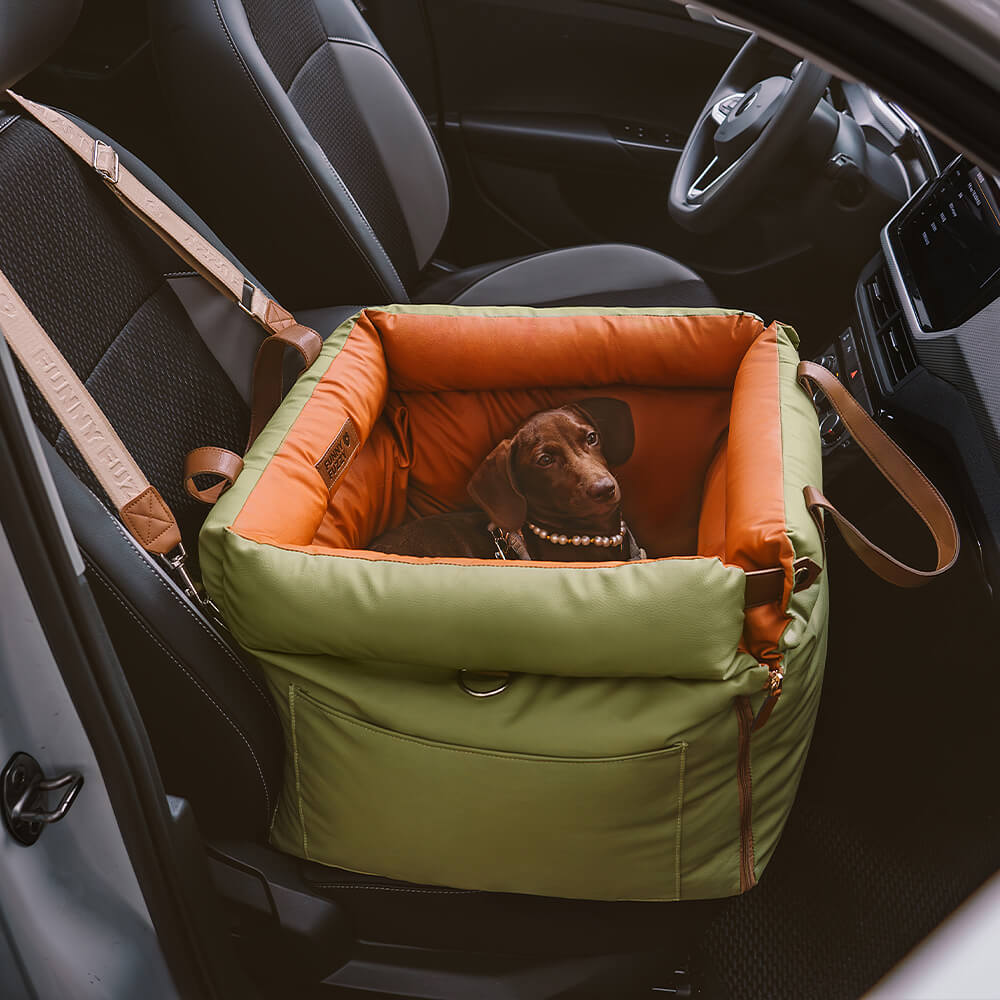 Rover | Faux Leather Dog Car Seat with Safety Belt, Plush Booster Bed for Long Car Trips