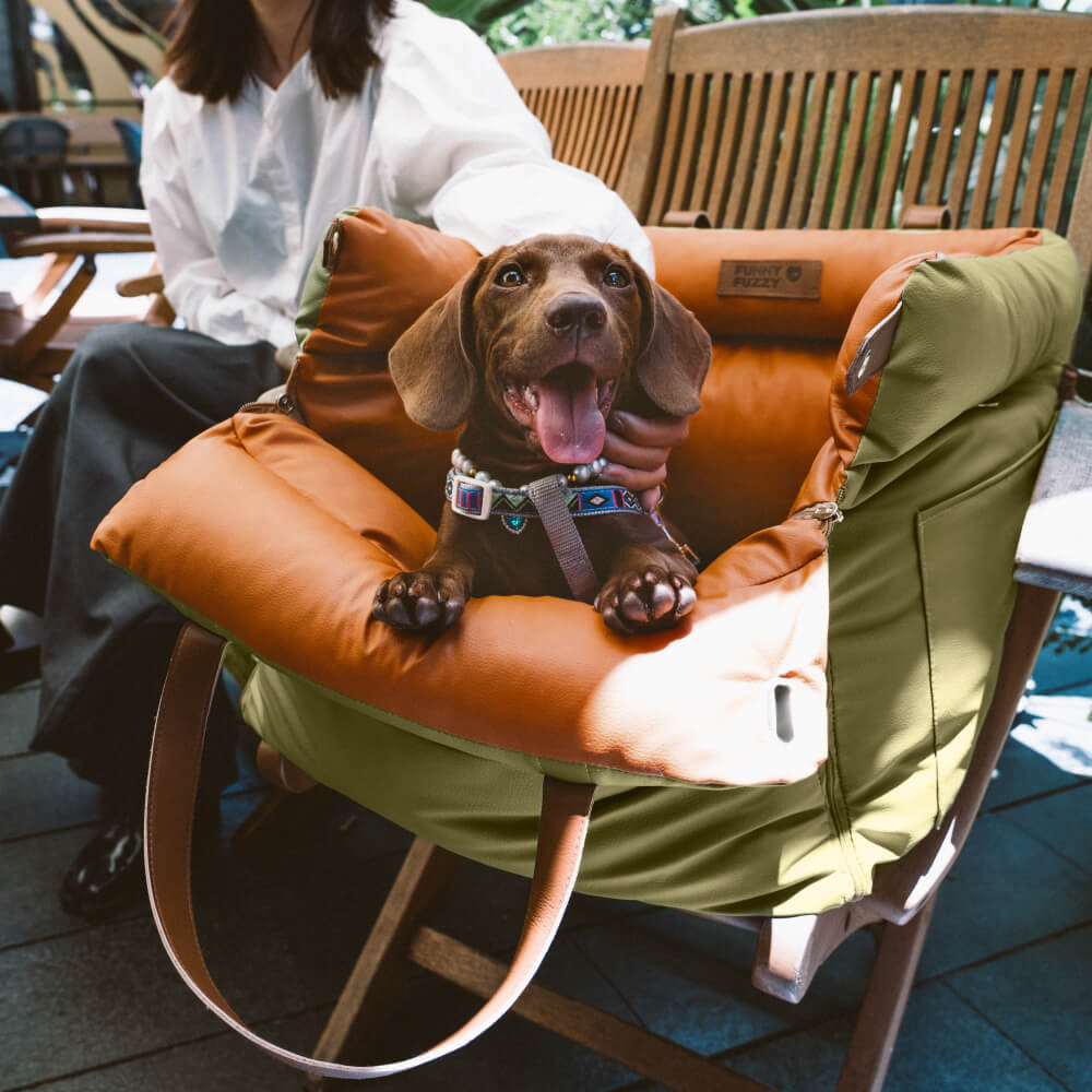 Rover | Faux Leather Dog Car Seat with Safety Belt, Plush Booster Bed for Long Car Trips