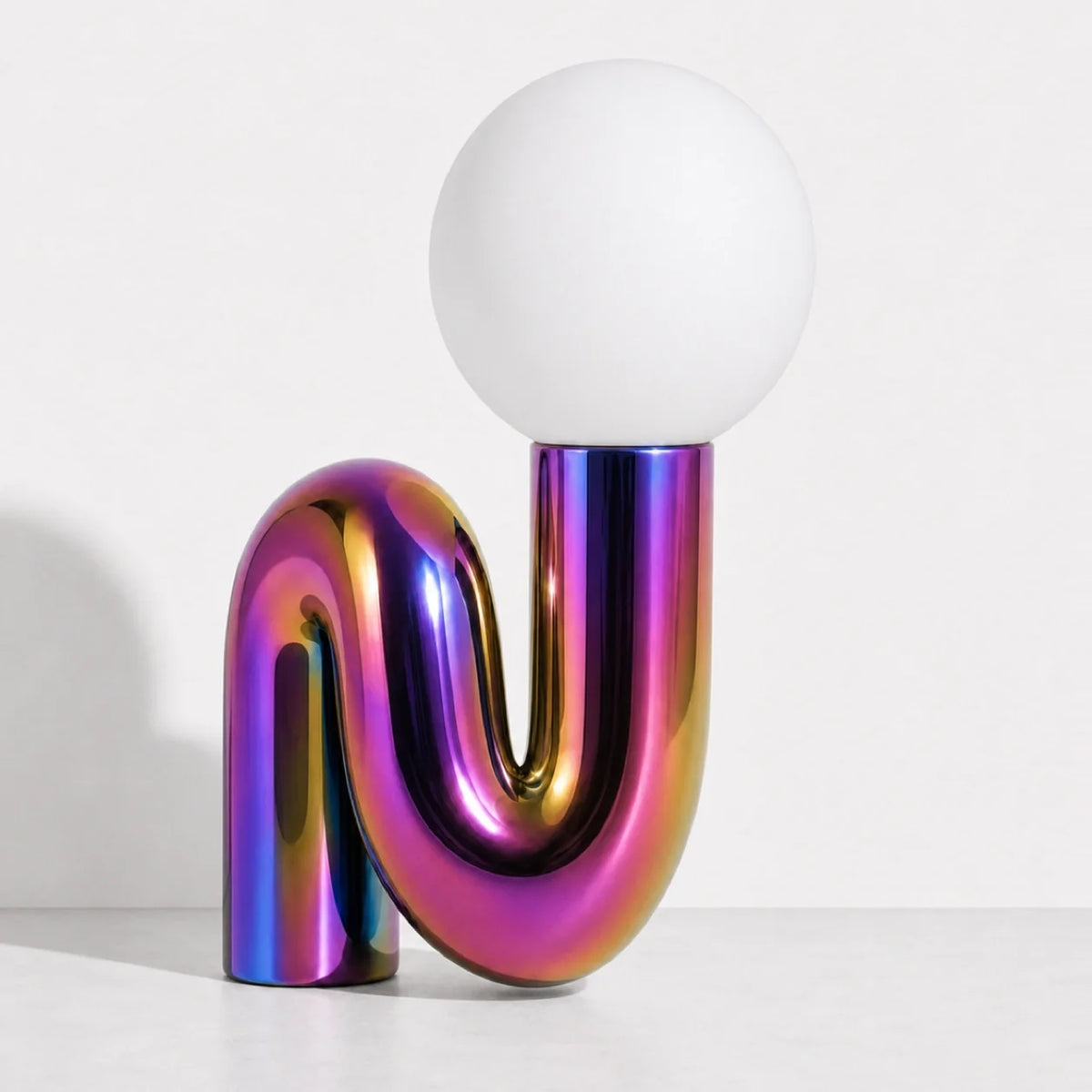 Sculptural S-Curve Table Lamp with Chrome Base | Frosted Glass Globe for Ambient Glow
