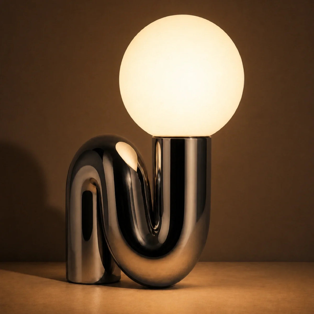 Sculptural S-Curve Table Lamp with Chrome Base | Frosted Glass Globe for Ambient Glow