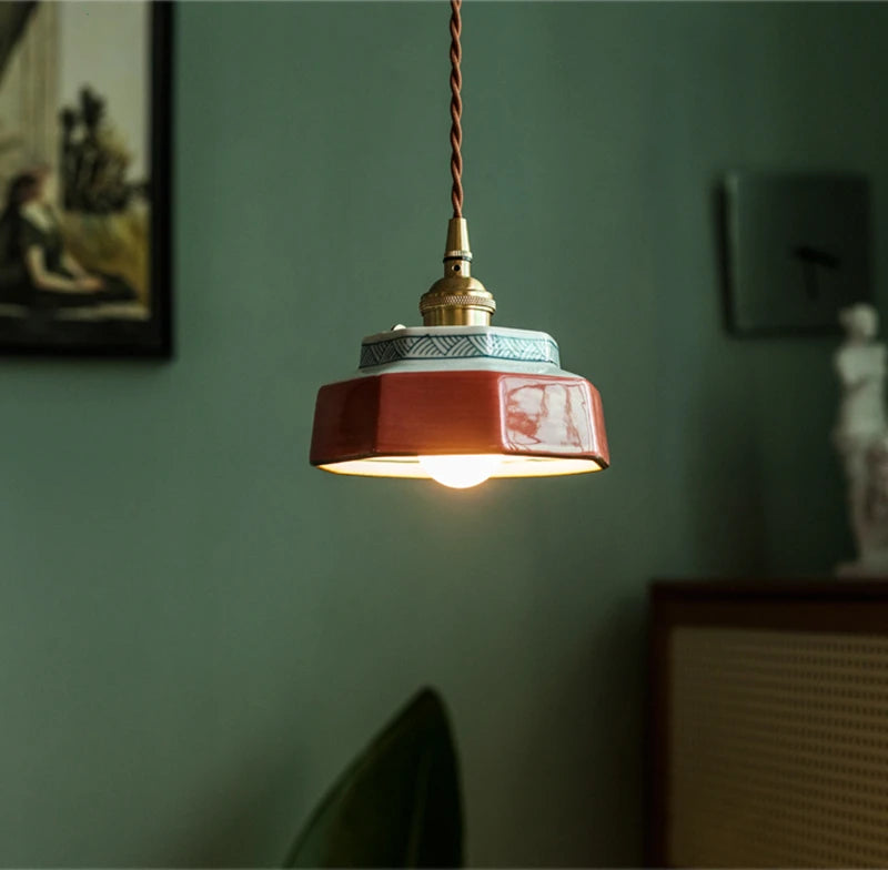 Hand-Painted Ceramic Pendant Light with Copper Socket | Nordic Kitchen Lamp
