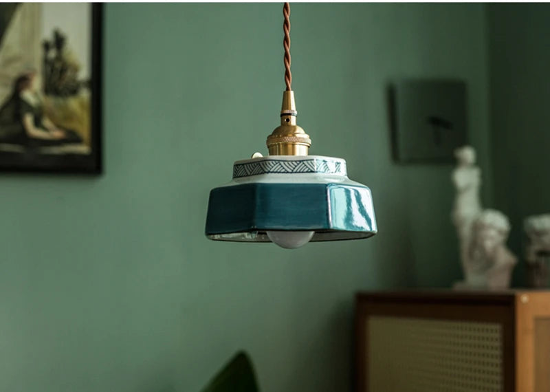 Hand-Painted Ceramic Pendant Light with Copper Socket | Nordic Kitchen Lamp