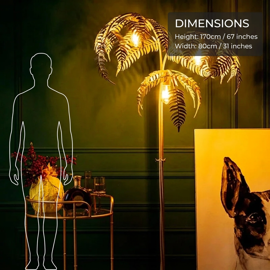 Gold Palm Tree Floor Lamp with Sculptural Fronds | Art Deco Light for Living Room